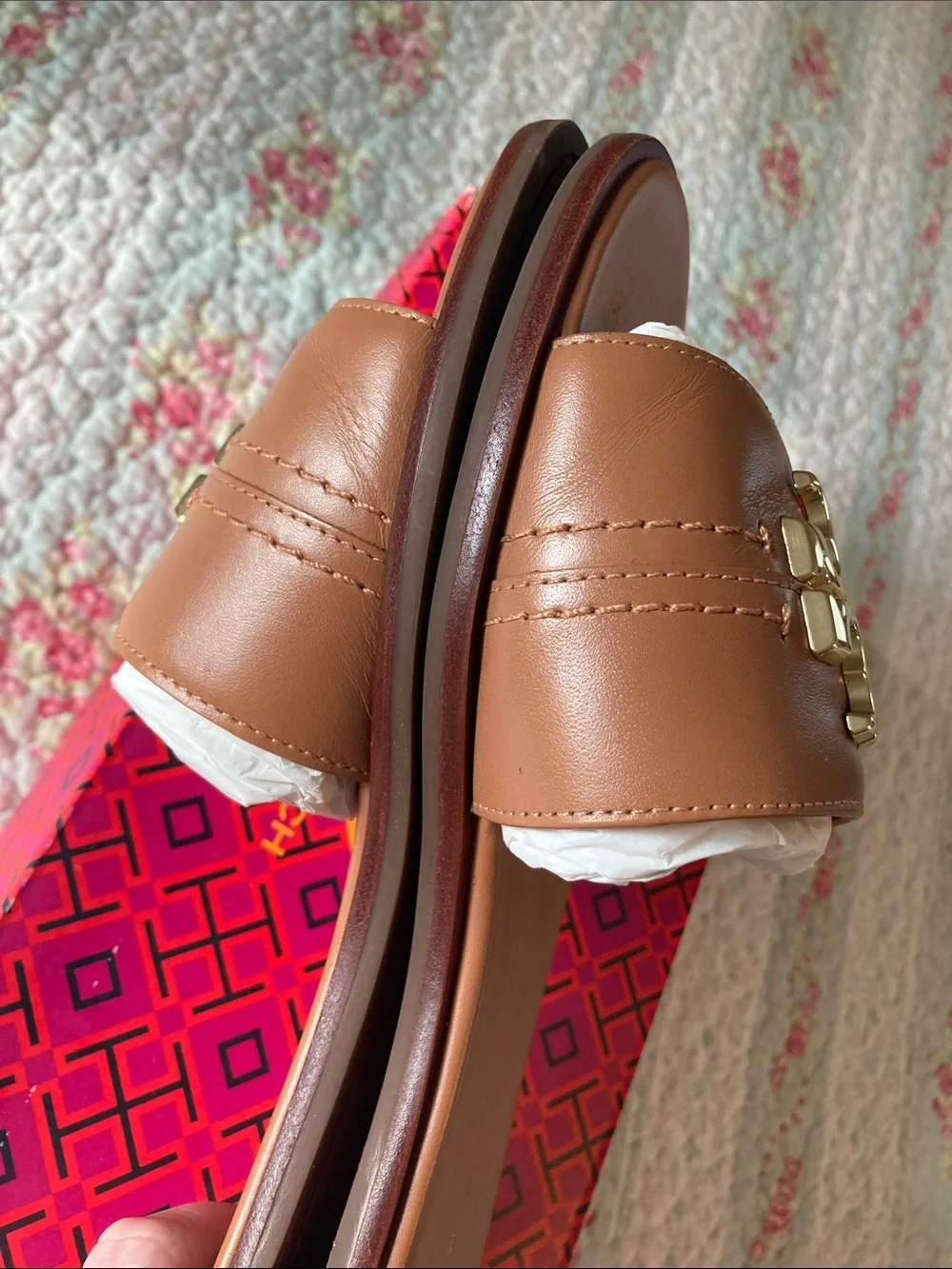 Tory Burch Cognac Leather Slide Sandals with Gold Logo